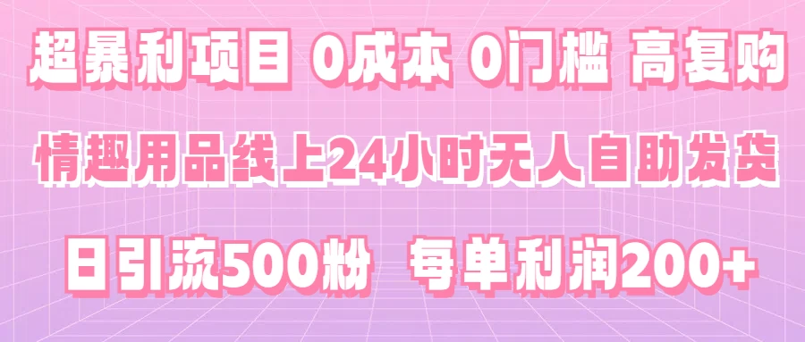 超暴利项目，情趣用品线上24小时-无人自助发货，0成本，0门槛，高复购，有手就能做，日引500粉，每单利润200+ - 项目资源网